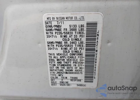 2011 Nissan Murano Le from USA, damaged, VIN JN8AZ1MU3BW066575